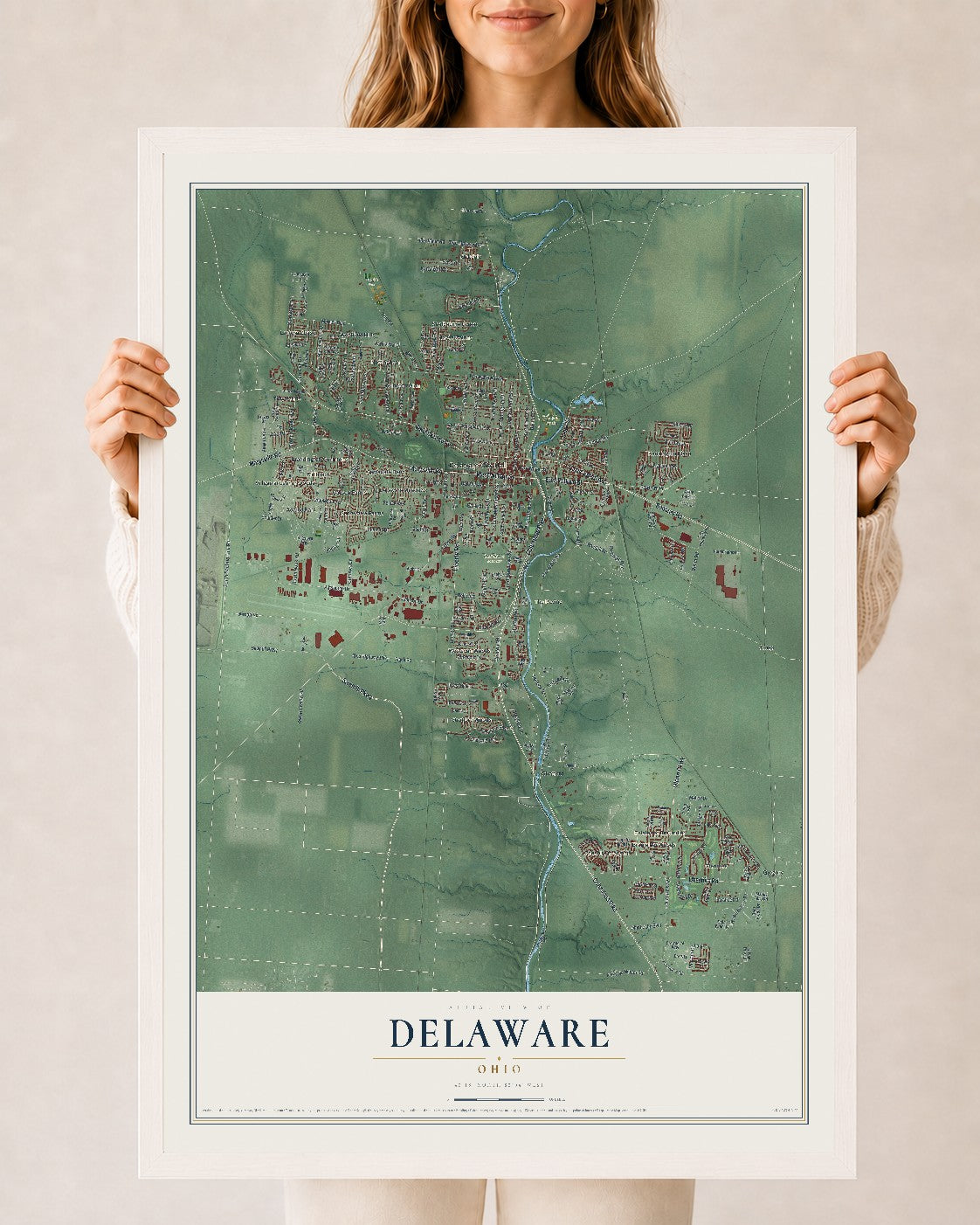 Map of Delaware, Ohio, 24 x 36 inch print in a white wood frame
