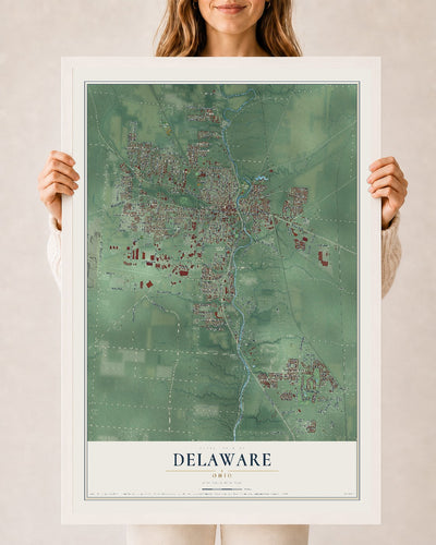 Map of Delaware, Ohio, 24 x 36 inch print in a white wood frame