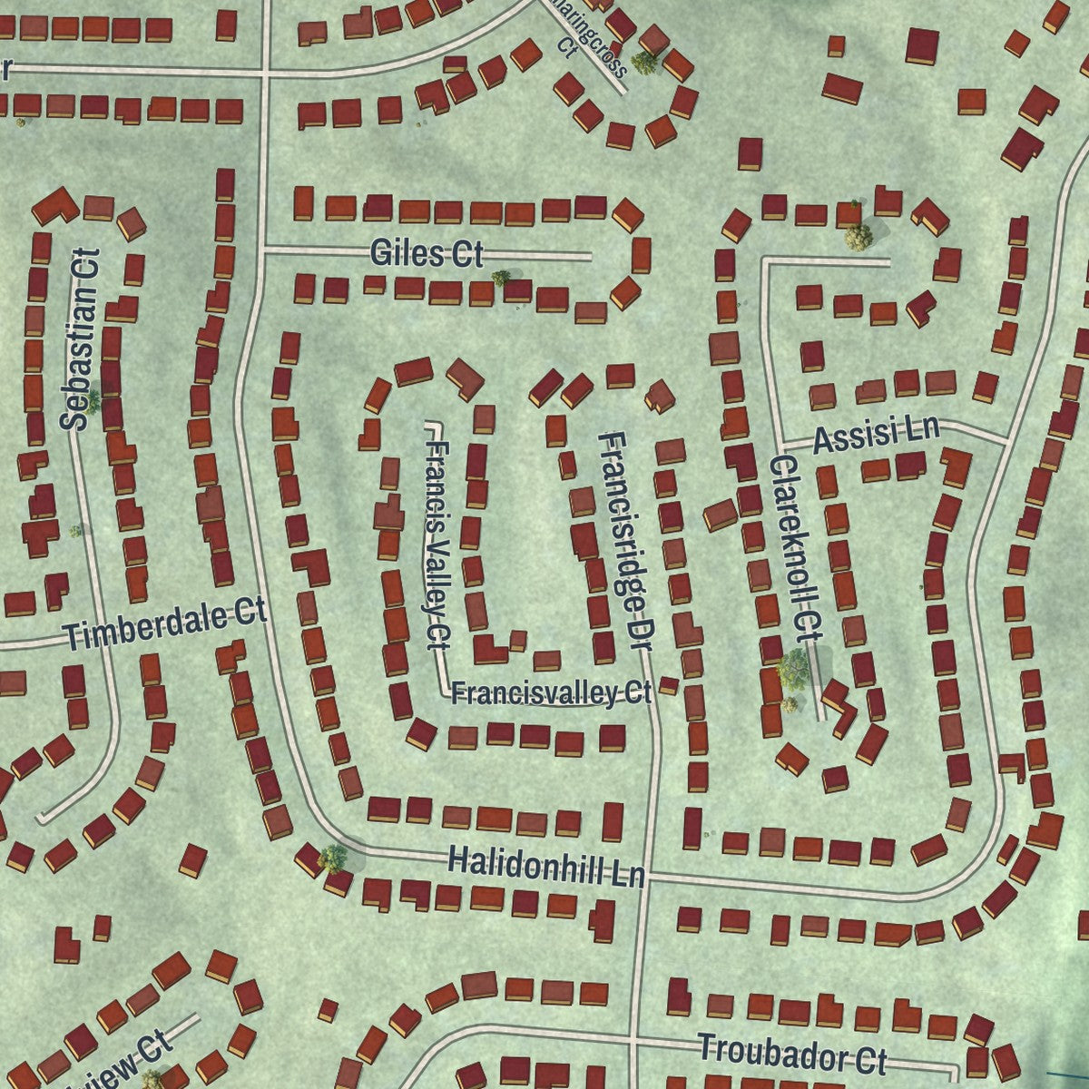 Close-up of the map of Delhi Hills, Ohio print showing street and building detail