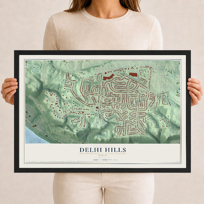 Map of Delhi Hills, Ohio, 12 x 18 inch print in a black wood frame