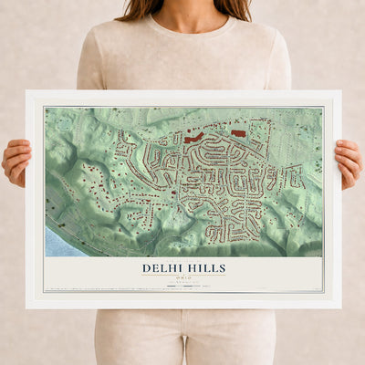 Map of Delhi Hills, Ohio, 12 x 18 inch print in a white wood frame