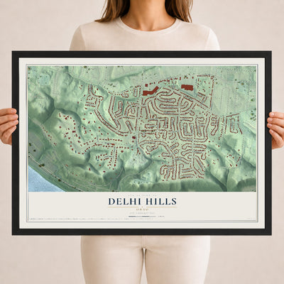 Map of Delhi Hills, Ohio, 18 x 24 inch print in a black wood frame