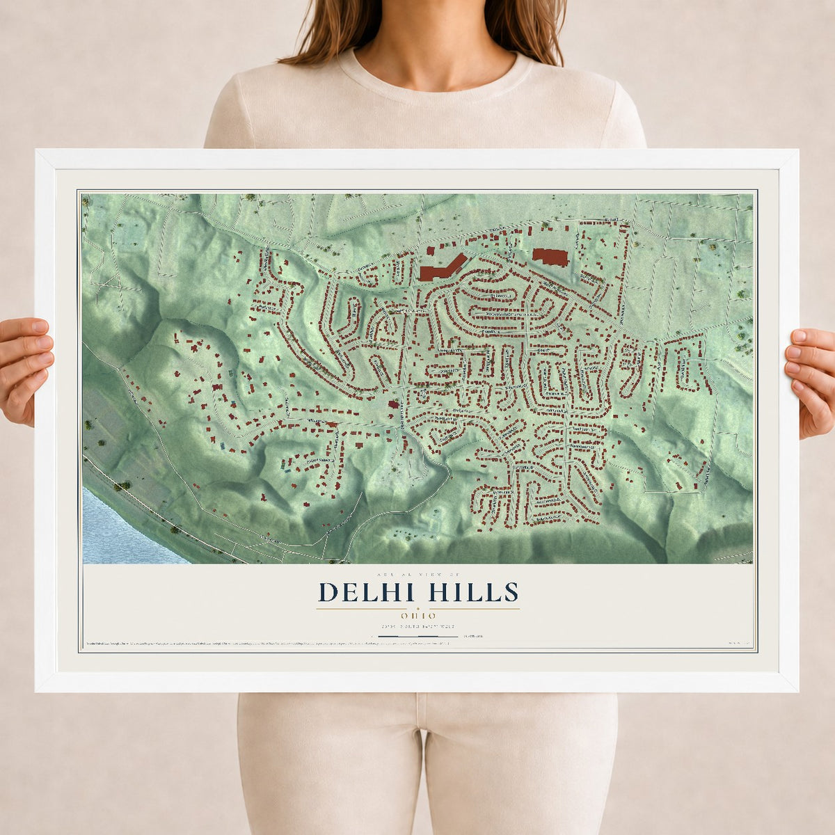 Map of Delhi Hills, Ohio, 18 x 24 inch print in a white wood frame