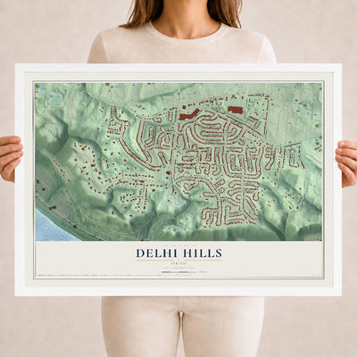 Map of Delhi Hills, Ohio, 18 x 24 inch print in a white wood frame