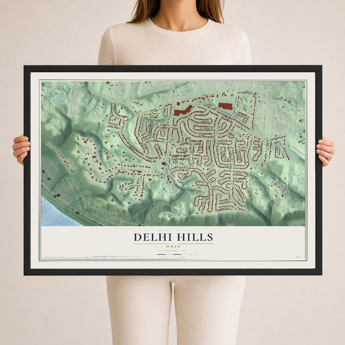 Map of Delhi Hills, Ohio, 24 x 36 inch print in a black wood frame