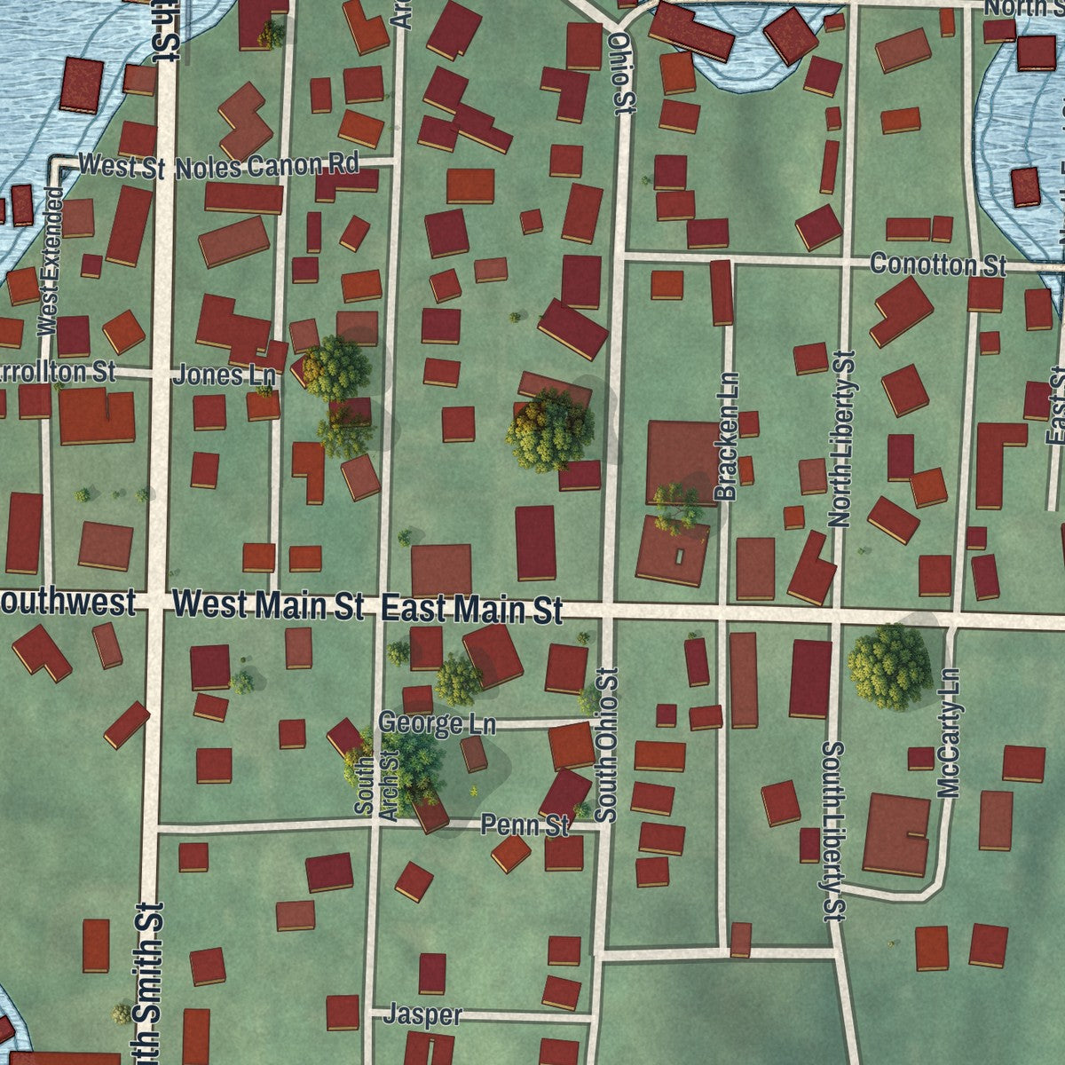 Close-up of the map of Dellroy, Ohio print showing street and building detail