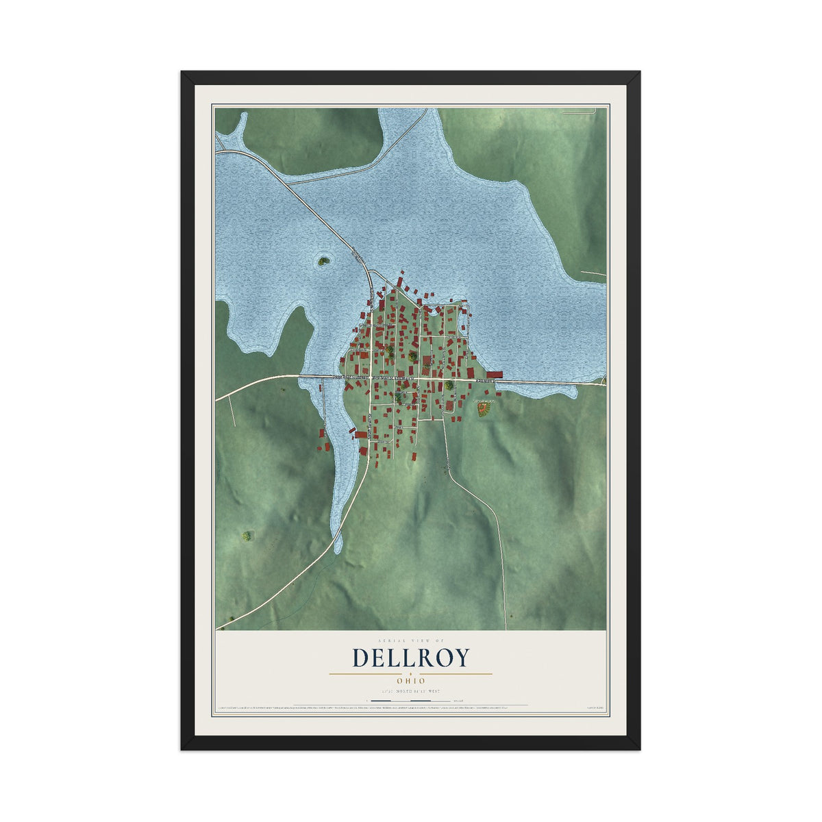 Map of Dellroy, Ohio, 12 x 18 inch print in a black wood frame