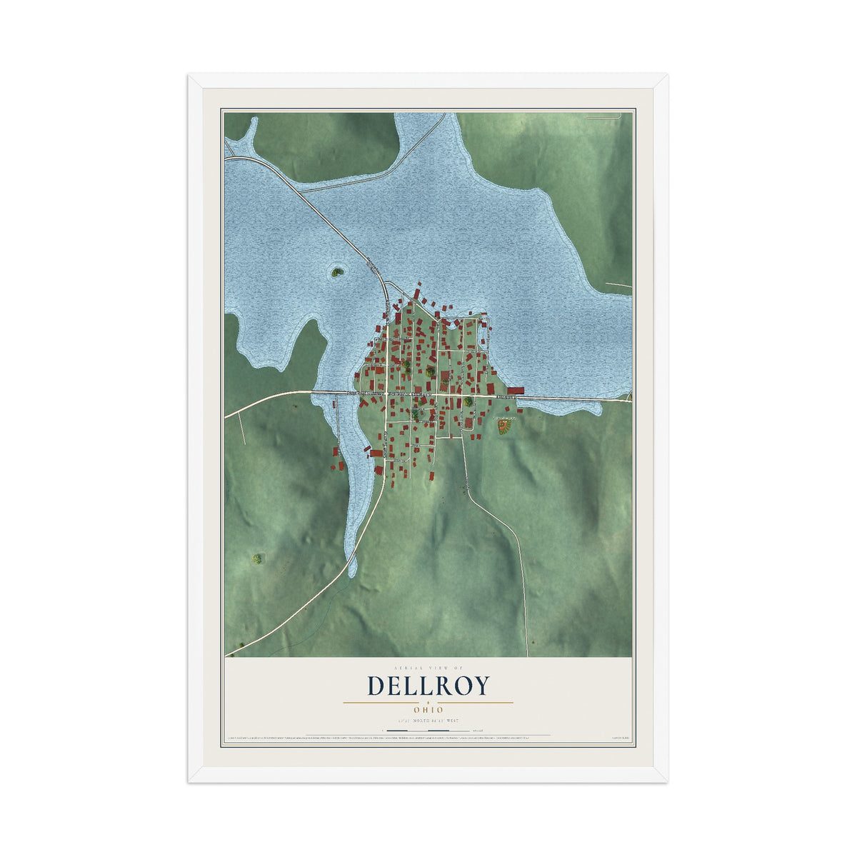 Map of Dellroy, Ohio, 12 x 18 inch print in a white wood frame