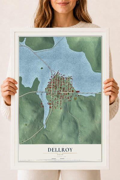 Map of Dellroy, Ohio, 18 x 24 inch print in a white wood frame