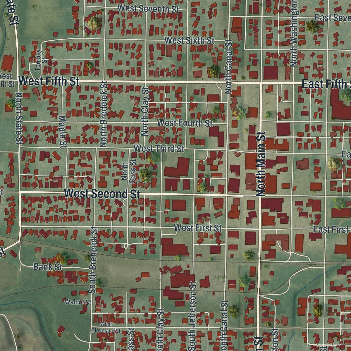 Close-up of the map of Delphos, Ohio print showing street and building detail