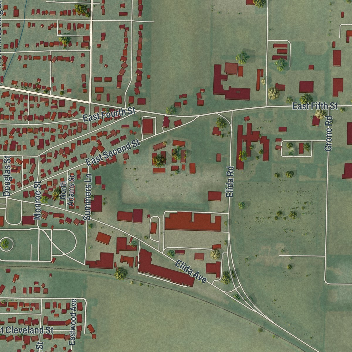 Second close-up of the map of Delphos, Ohio print showing more streets and buildings