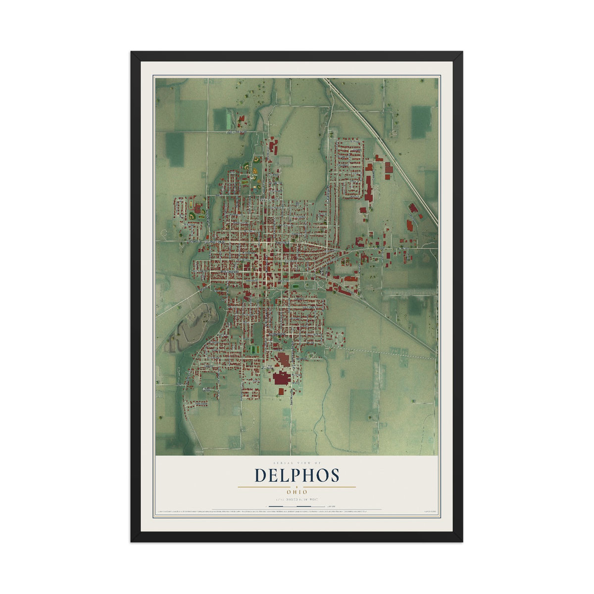 Map of Delphos, Ohio, 12 x 18 inch print in a black wood frame