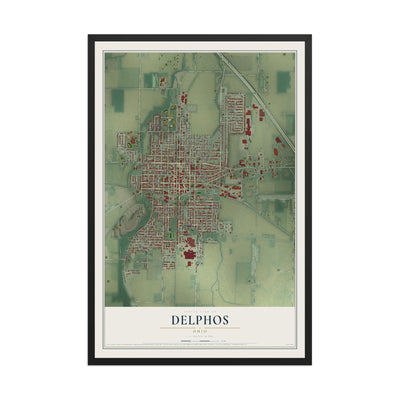 Map of Delphos, Ohio, 12 x 18 inch print in a black wood frame