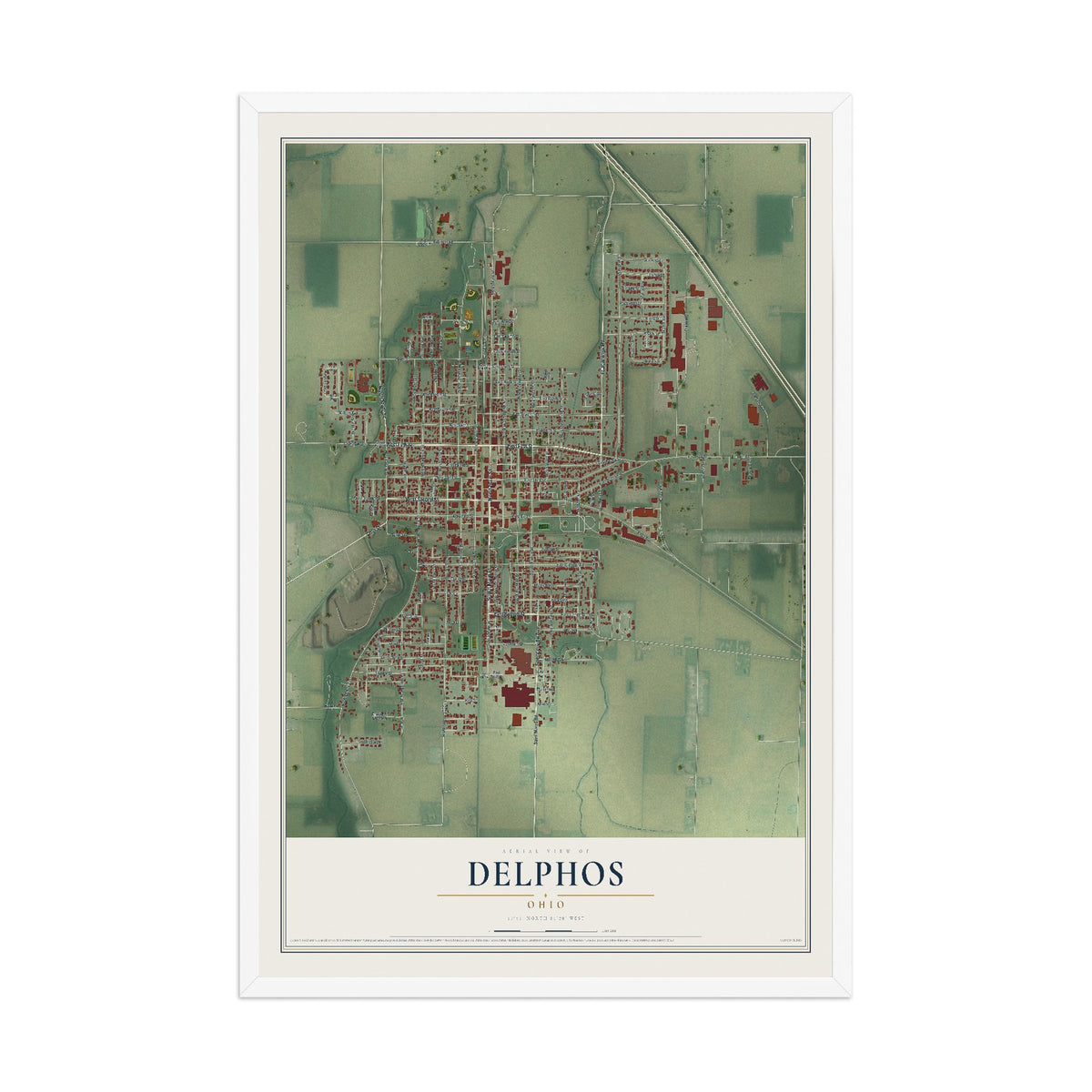 Map of Delphos, Ohio, 12 x 18 inch print in a white wood frame