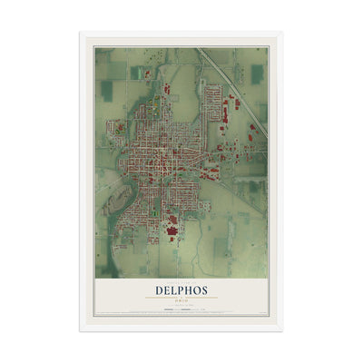 Map of Delphos, Ohio, 12 x 18 inch print in a white wood frame