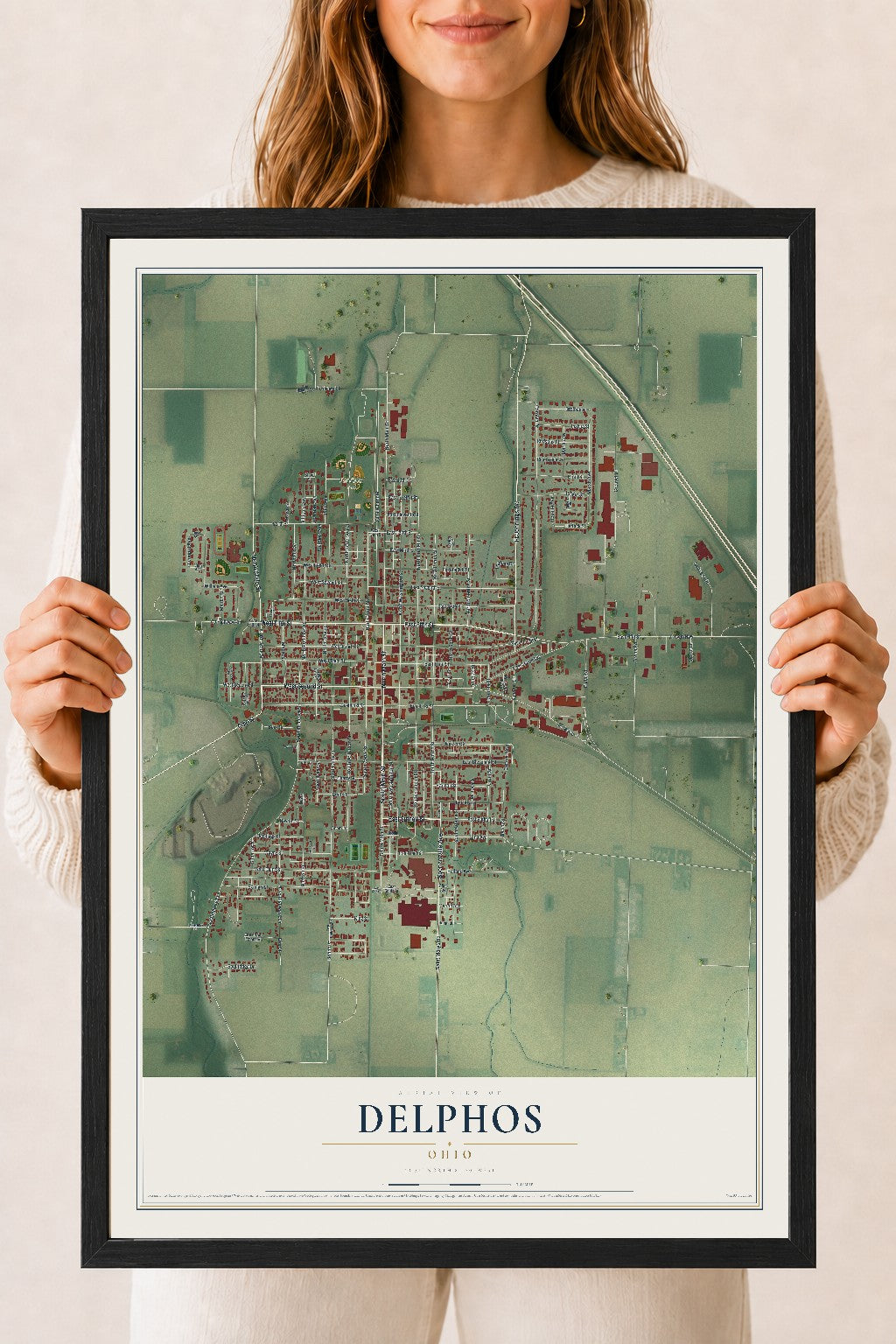 Map of Delphos, Ohio, 18 x 24 inch print in a black wood frame
