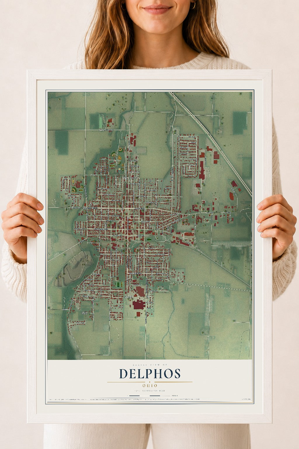 Map of Delphos, Ohio, 18 x 24 inch print in a white wood frame