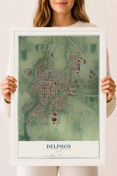 Map of Delphos, Ohio, 18 x 24 inch print in a white wood frame