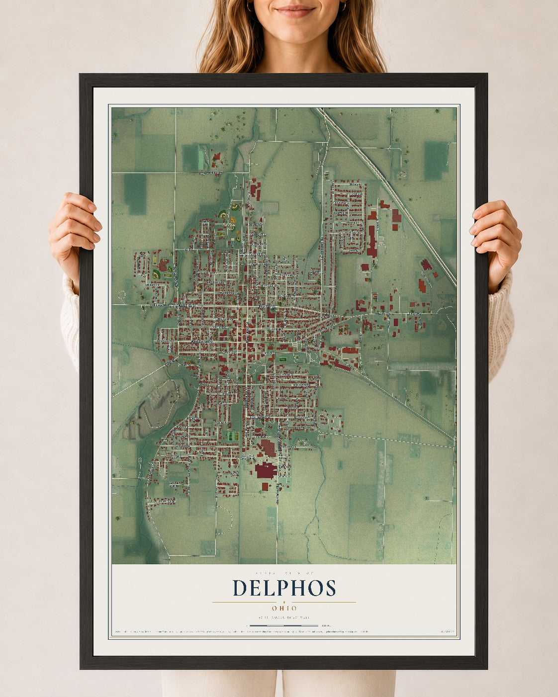 Map of Delphos, Ohio, 24 x 36 inch print in a black wood frame