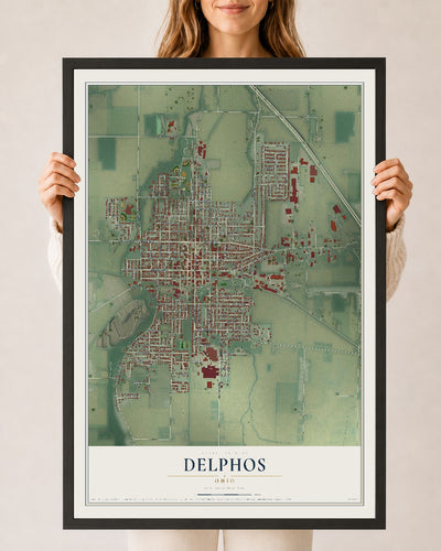 Map of Delphos, Ohio, 24 x 36 inch print in a black wood frame