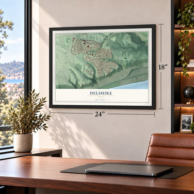 Delshire, Ohio map, 18 x 24 inch print in a black frame in a home office