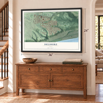 Delshire, Ohio map, 24 x 36 inch print in a black frame above a dresser by a staircase
