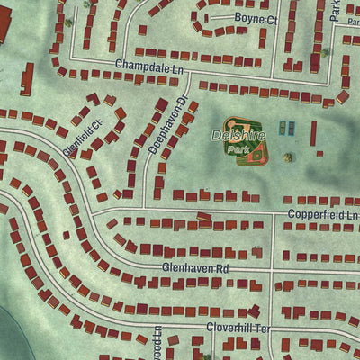 Close-up of the map of Delshire, Ohio print showing street and building detail