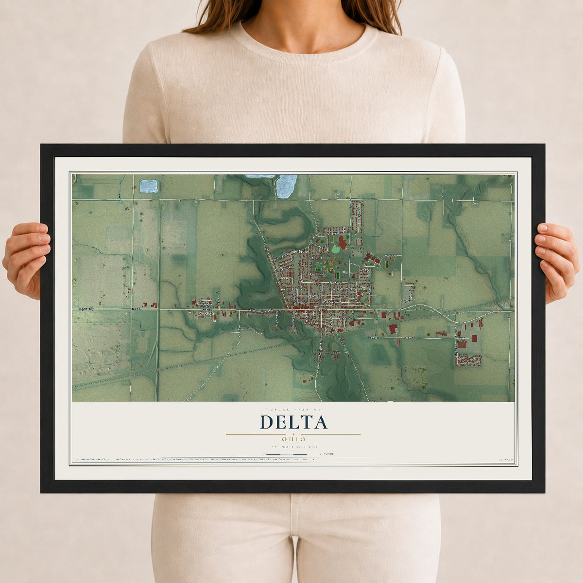 Map of Delta, Ohio, 12 x 18 inch print in a black wood frame