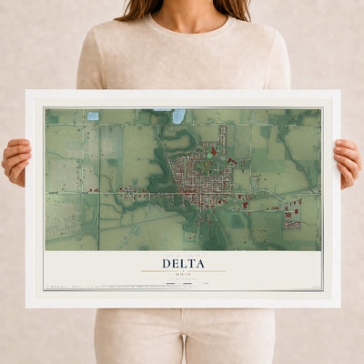 Map of Delta, Ohio, 12 x 18 inch print in a white wood frame
