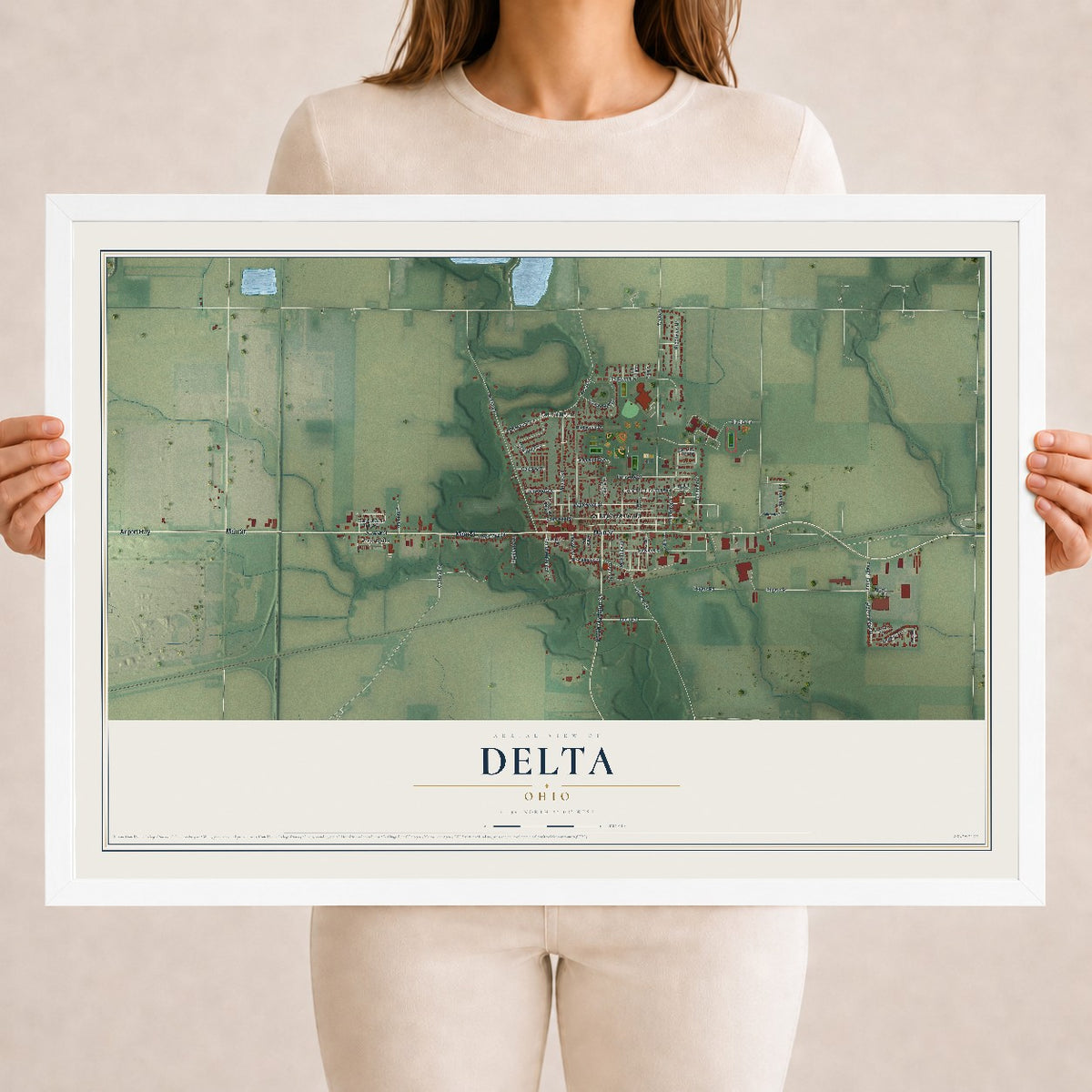 Map of Delta, Ohio, 18 x 24 inch print in a white wood frame