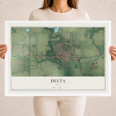 Map of Delta, Ohio, 18 x 24 inch print in a white wood frame