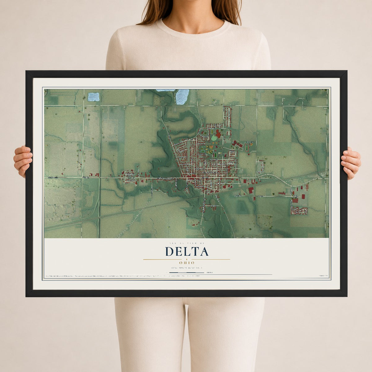 Map of Delta, Ohio, 24 x 36 inch print in a black wood frame