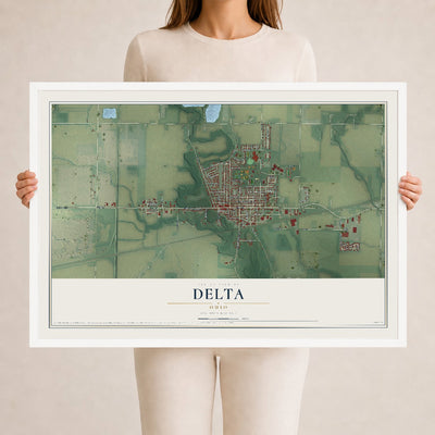 Map of Delta, Ohio, 24 x 36 inch print in a white wood frame