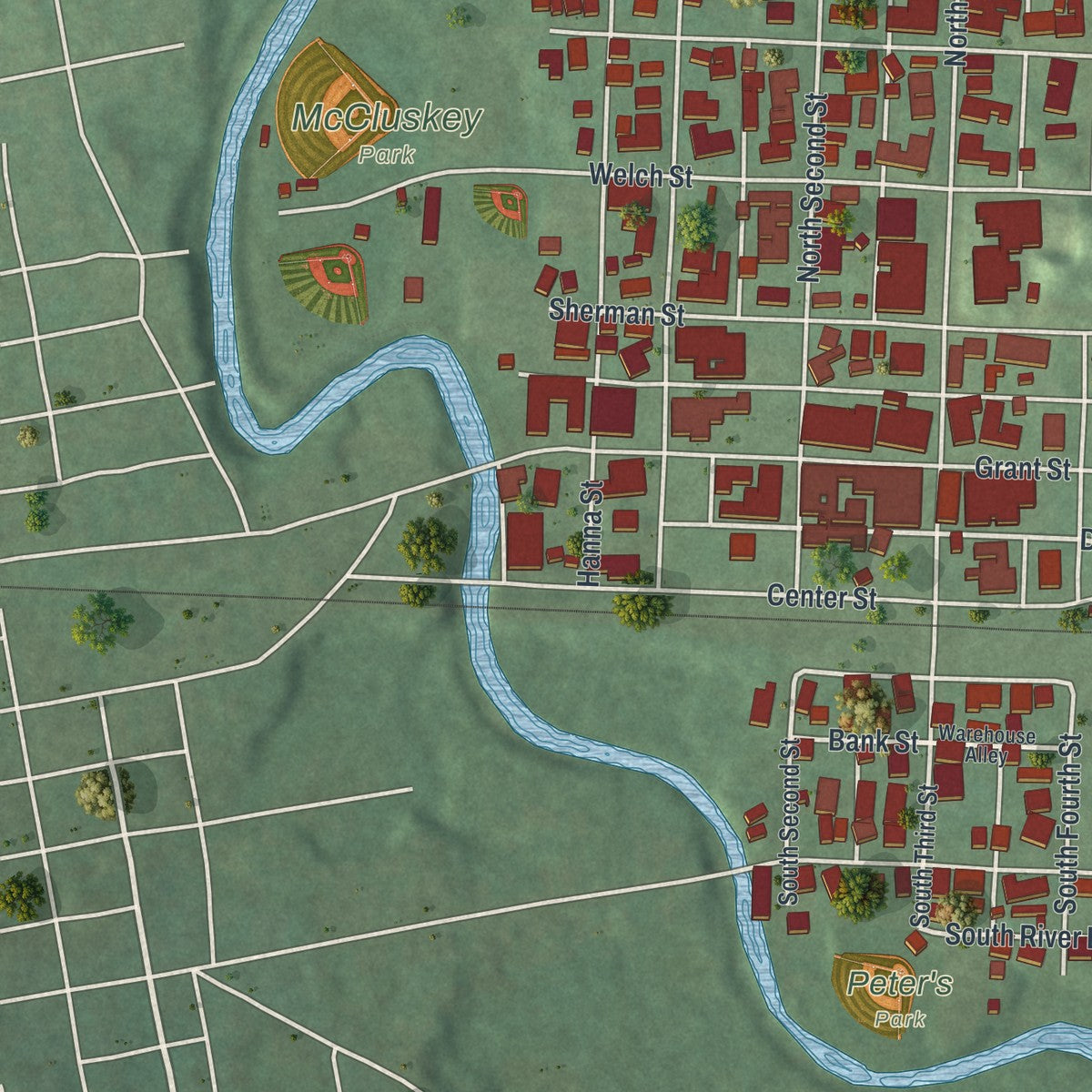 Close-up of the map of Dennison, Ohio print showing street and building detail