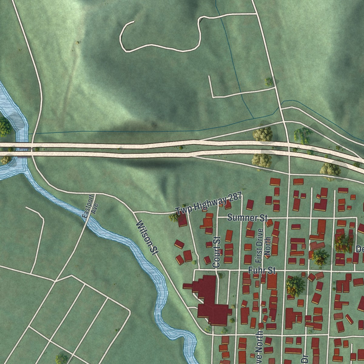 Second close-up of the map of Dennison, Ohio print showing more streets and buildings