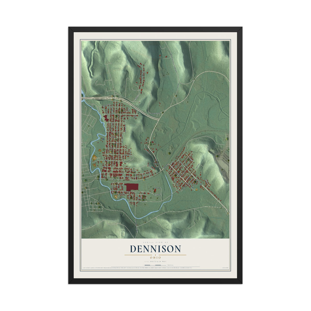 Map of Dennison, Ohio, 12 x 18 inch print in a black wood frame