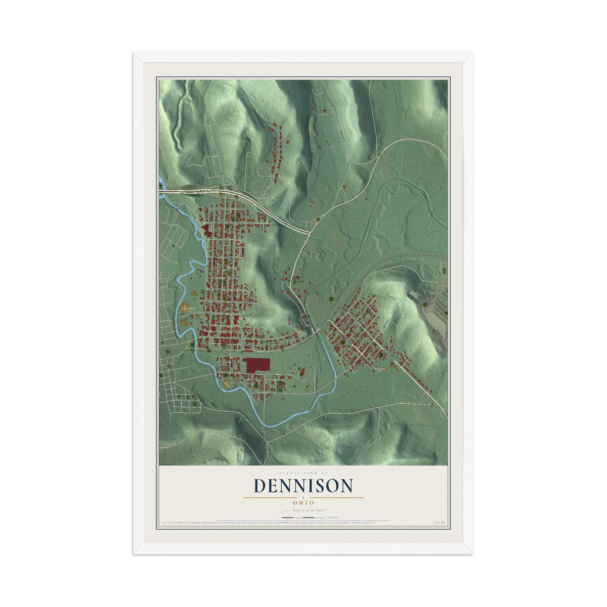 Map of Dennison, Ohio, 12 x 18 inch print in a white wood frame