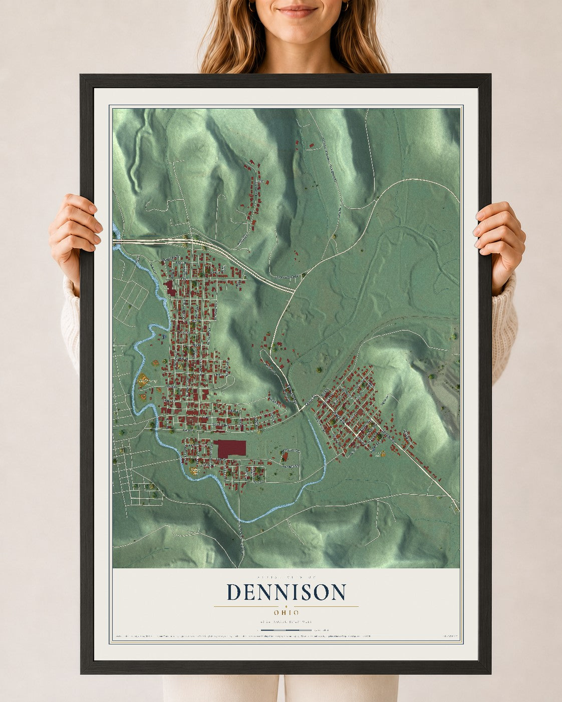 Map of Dennison, Ohio, 24 x 36 inch print in a black wood frame
