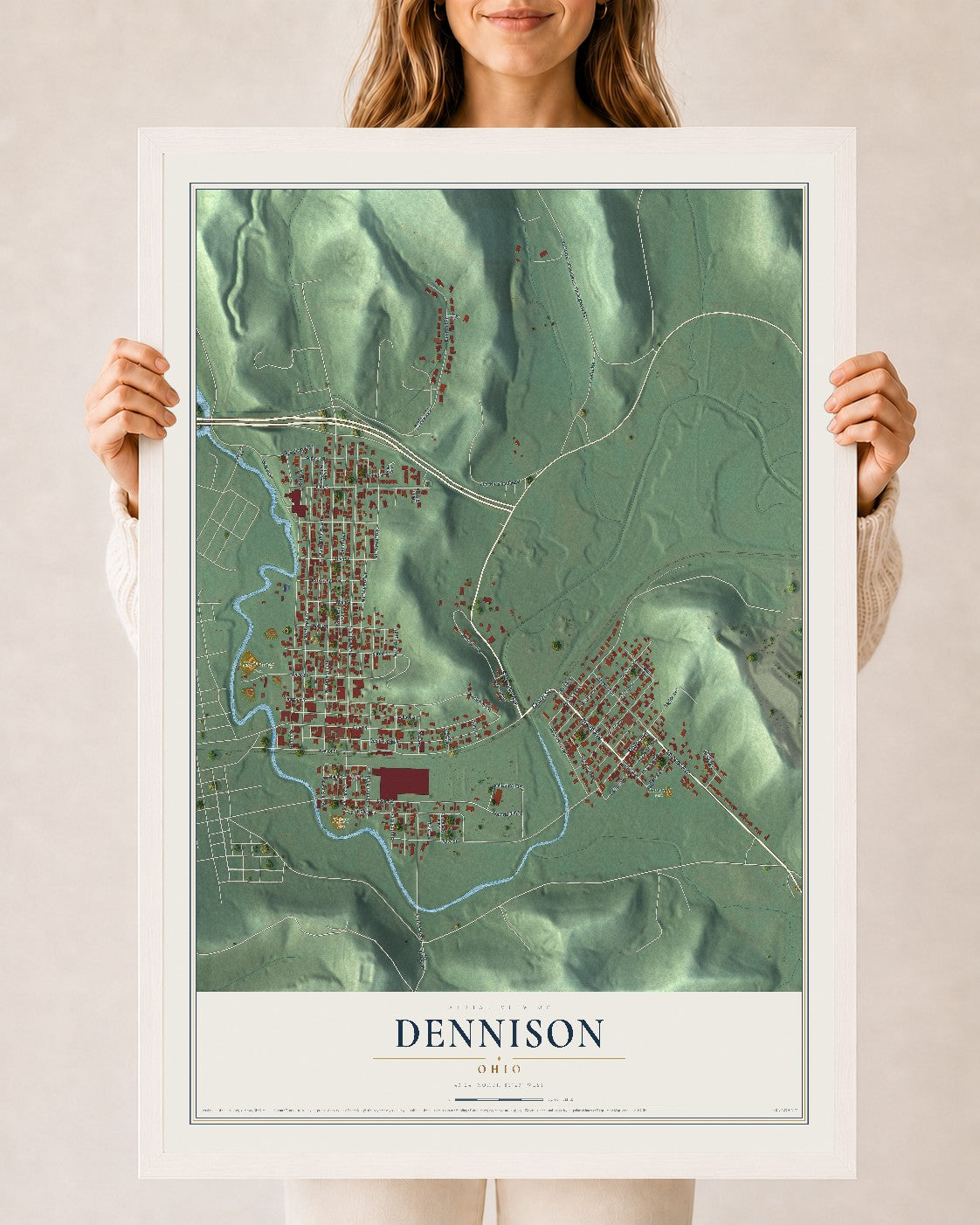 Map of Dennison, Ohio, 24 x 36 inch print in a white wood frame