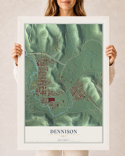 Map of Dennison, Ohio, 24 x 36 inch print in a white wood frame