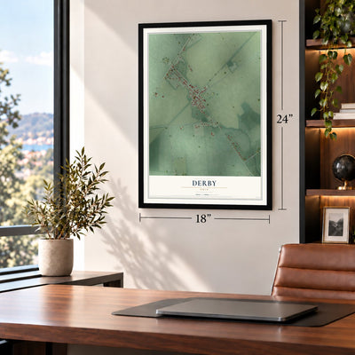 Derby, Ohio map, 18 x 24 inch print in a black frame in a home office