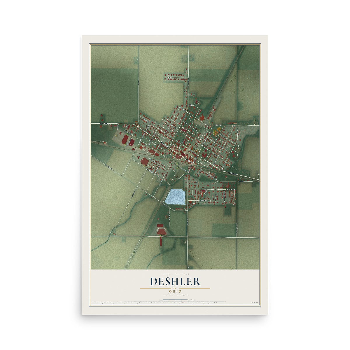 Map of Deshler, Ohio, 12 x 18 inch unframed archival matte print
