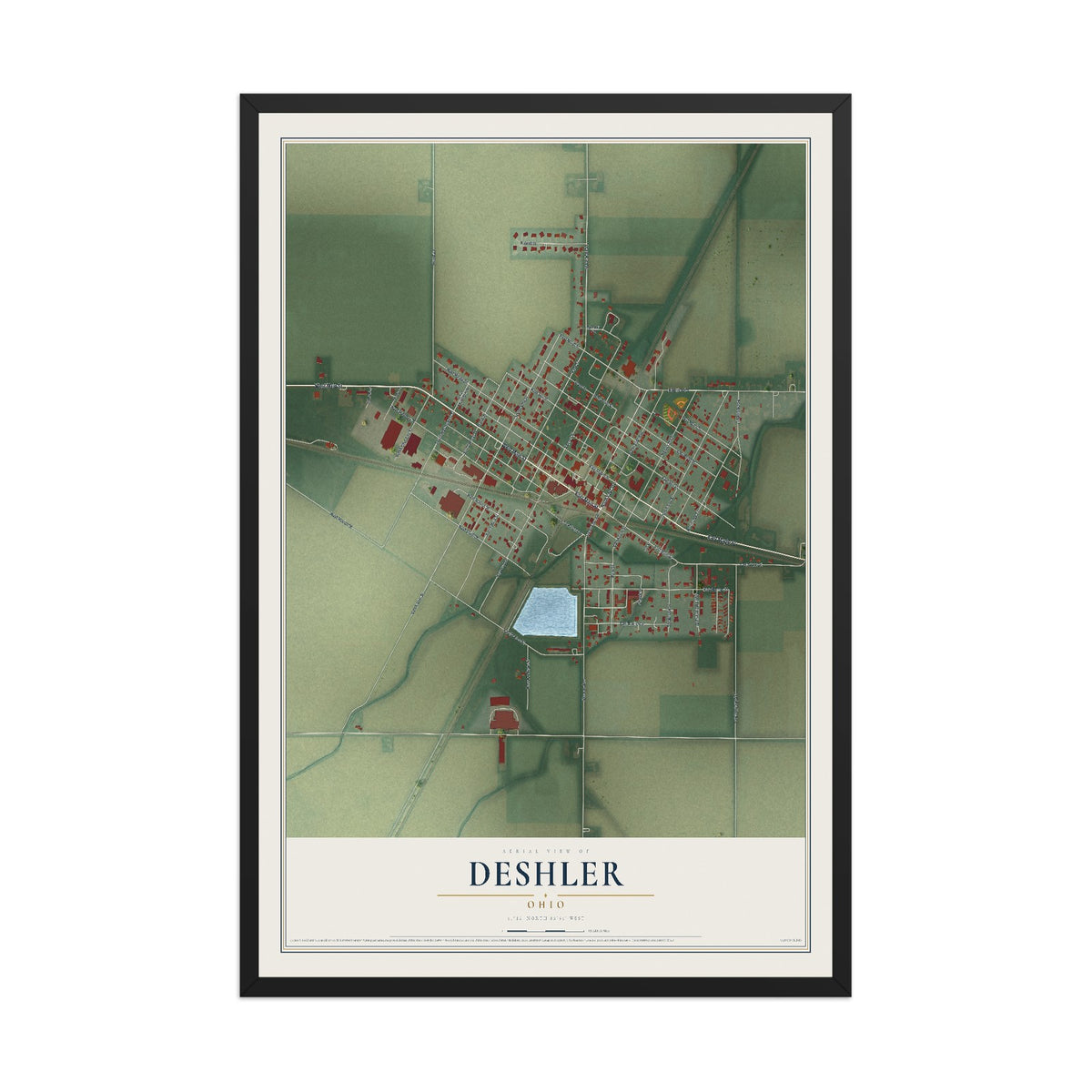 Map of Deshler, Ohio, 12 x 18 inch print in a black wood frame