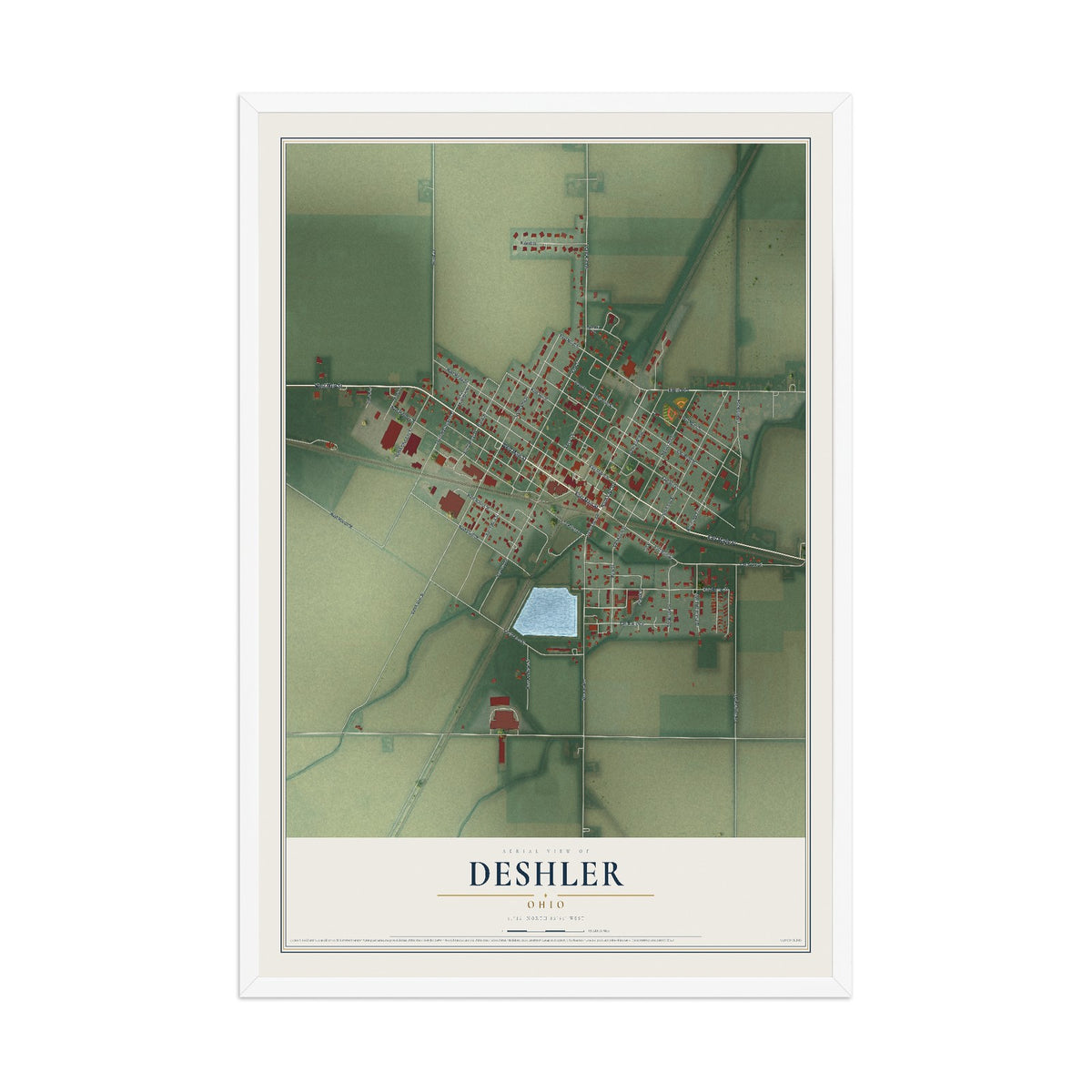 Map of Deshler, Ohio, 12 x 18 inch print in a white wood frame