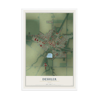 Map of Deshler, Ohio, 12 x 18 inch print in a white wood frame