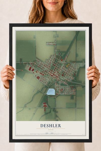 Map of Deshler, Ohio, 18 x 24 inch print in a black wood frame