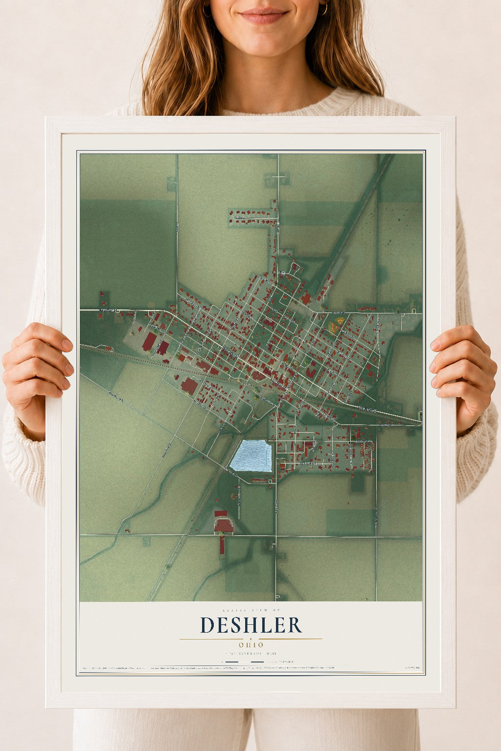 Map of Deshler, Ohio, 18 x 24 inch print in a white wood frame