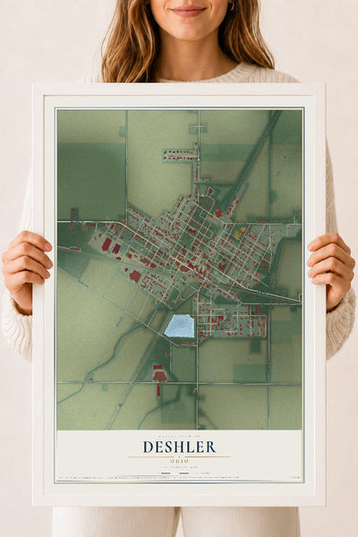 Map of Deshler, Ohio, 18 x 24 inch print in a white wood frame