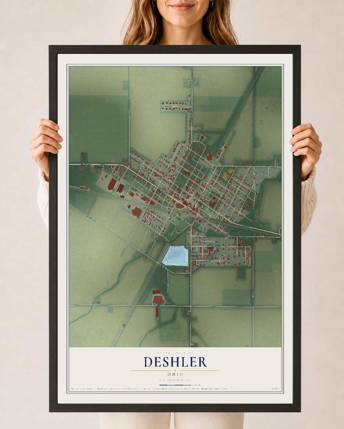Map of Deshler, Ohio, 24 x 36 inch print in a black wood frame