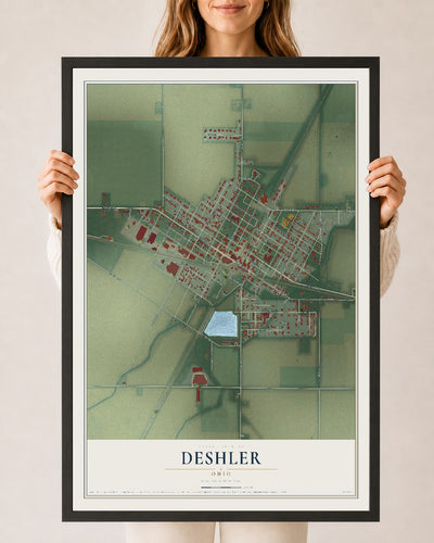Map of Deshler, Ohio, 24 x 36 inch print in a black wood frame